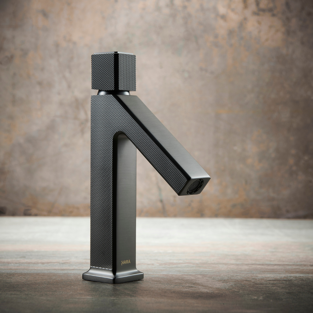 OMSA FL8220A compact deck-mounted basin mixer installed — luxury cloakroom and guest toilet basin tap Pakistan, Sardar & Co Rawalpindi