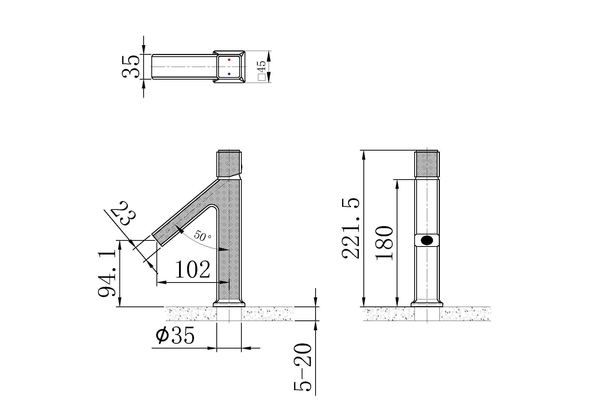 Technical installation dimensions diagram for OMSA FL8220A compact deck-mounted basin mixer FL8220A — spout height, reach, deck clearance, Sardar & Co Pakistan