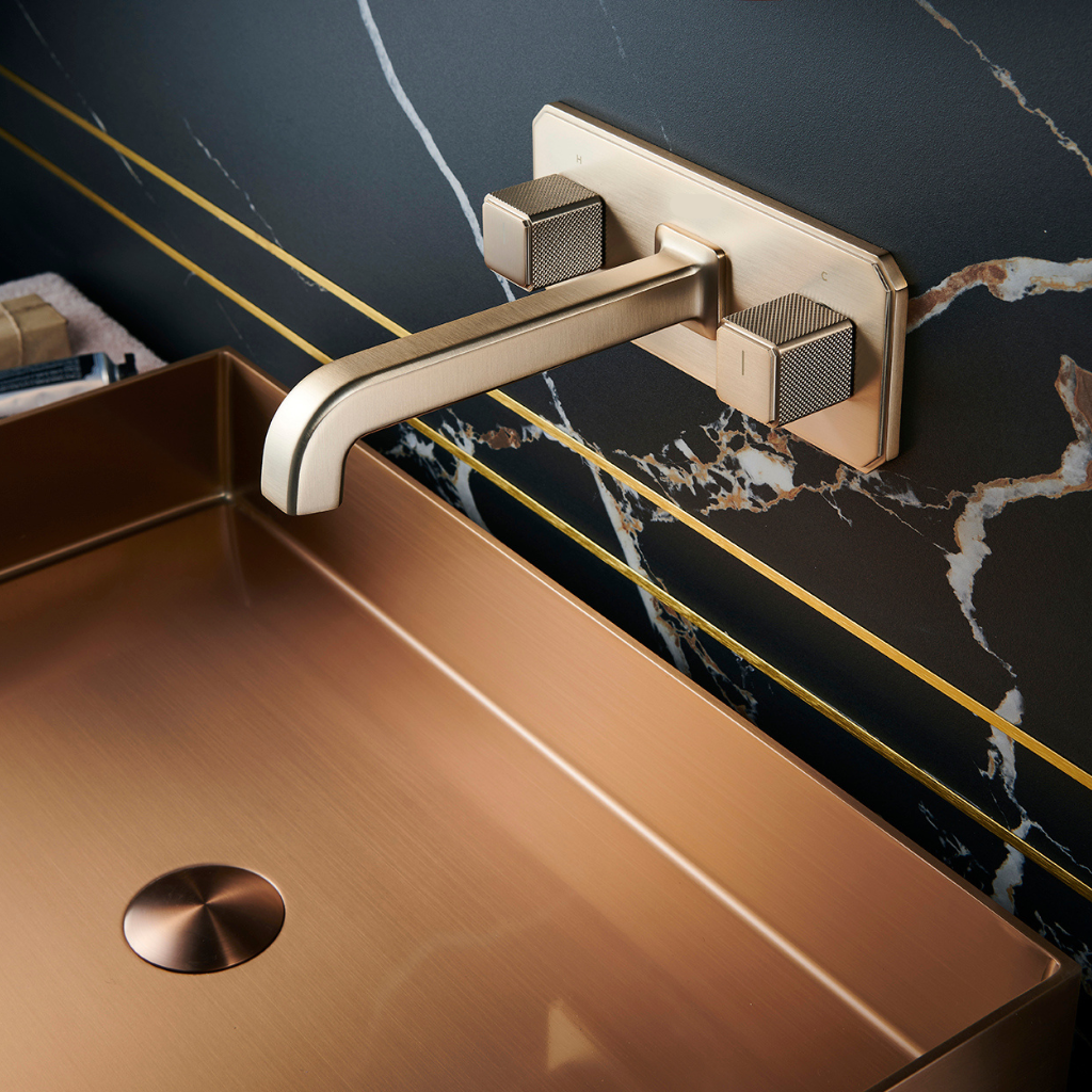 OMSA FL8240C concealed wall-mounted wash basin faucet — four PVD finishes: Rose Gold, Champagne Gold, Gunmetal, Chrome — Sardar & Co Pakistan