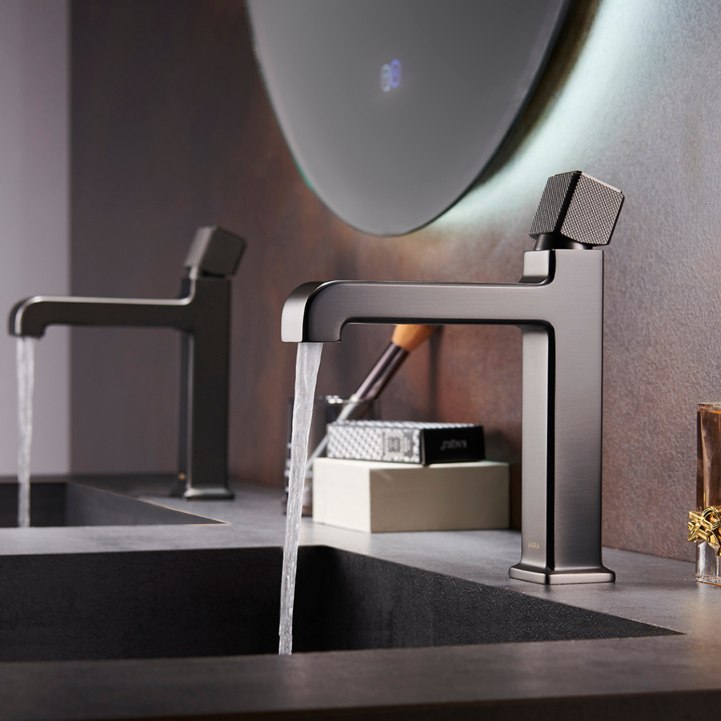 OMSA FL830 modern basin tap installed in contemporary luxury bathroom Pakistan — deck-mounted single-hole faucet, Sardar & Co