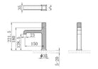 Technical installation dimensions diagram for OMSA FL830 modern basin tap FL830 — spout height, reach, deck clearance specifications, Sardar & Co Pakistan