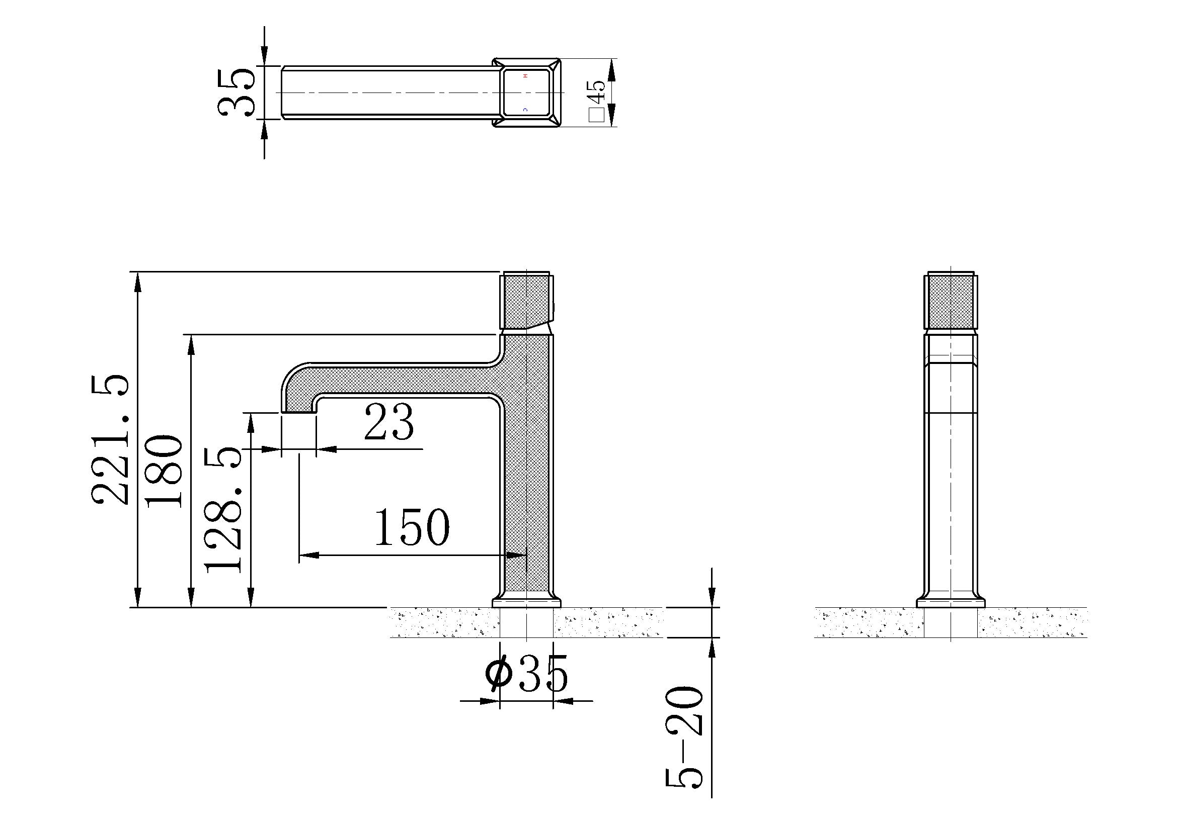 Technical installation dimensions diagram for OMSA FL830 modern basin tap FL830 — spout height, reach, deck clearance specifications, Sardar & Co Pakistan