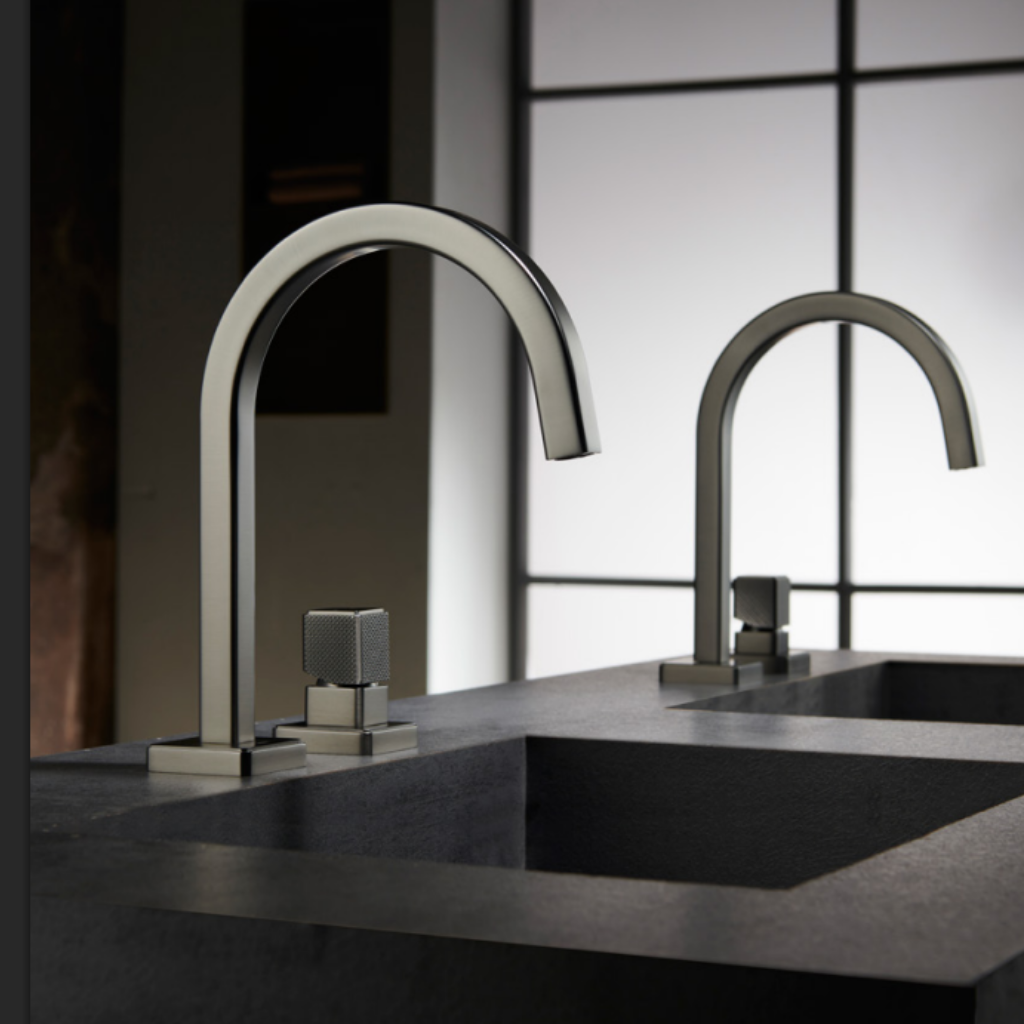 OMSA FL8490 deck-mounted single-hole basin mixer installed in luxury bathroom — premium washbasin tap Pakistan, Sardar & Co Rawalpindi