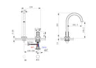 Technical installation dimensions diagram for OMSA FL8490 deck-mounted single-hole basin mixer — spout height, deck clearance, connection specifications, Sardar & Co Pakistan