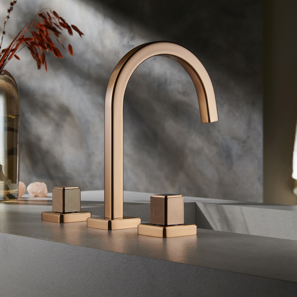 OMSA FL8530 three-hole deck-mounted basin mixer installed in luxury bathroom — 3-hole washbasin tap Pakistan, Sardar & Co Rawalpindi