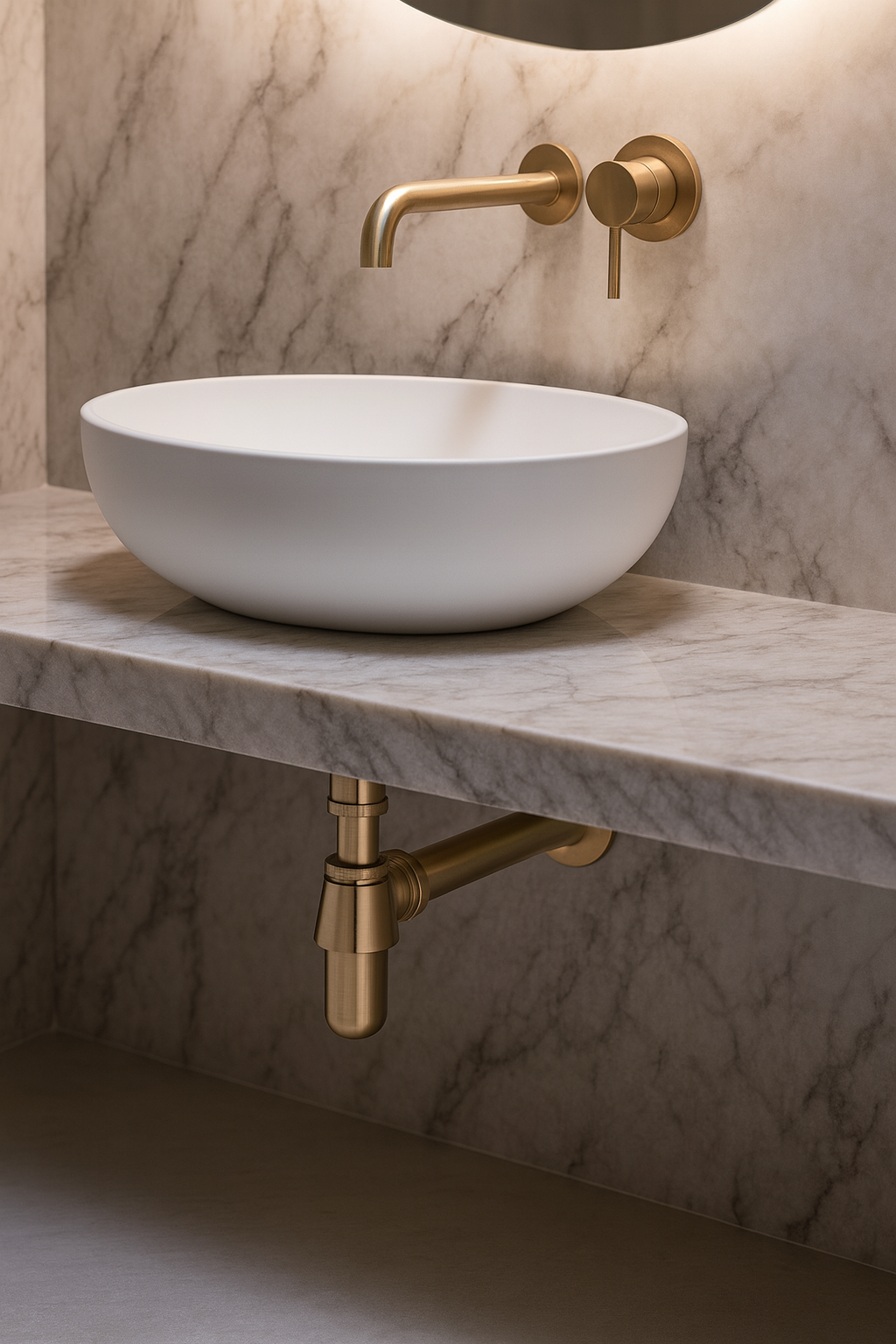 OMSA FM6525 bottle trap installed beneath floating vanity basin Pakistan — Brushed Champagne Gold PVD, Sardar & Co Rawalpindi