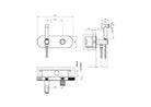 Technical dimensions for OMSA FW7160B concealed spray mixer — round trim plate, valve body depth, installation spec, Sardar & Co Pakistan