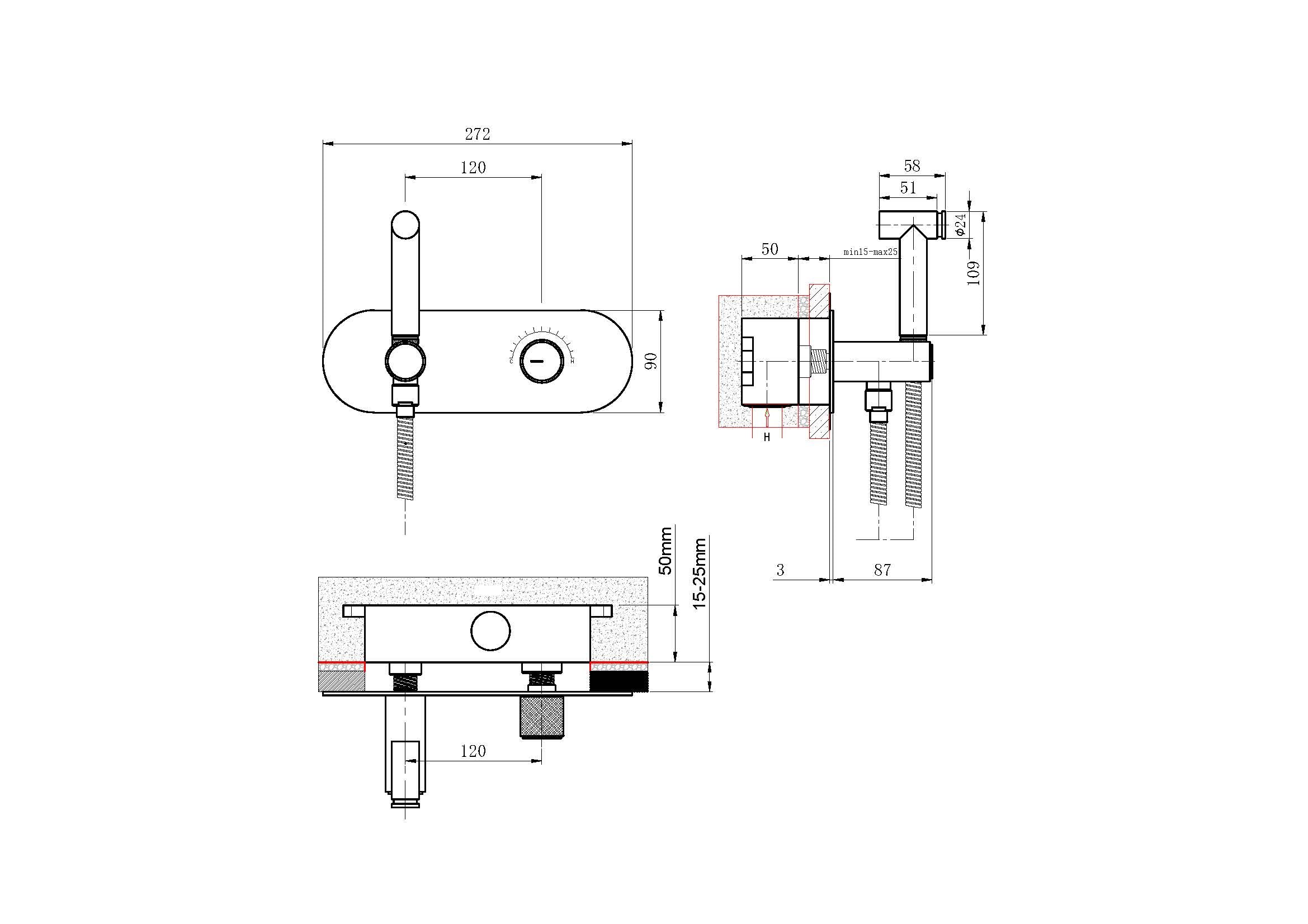 Technical dimensions for OMSA FW7160B concealed spray mixer — round trim plate, valve body depth, installation spec, Sardar & Co Pakistan