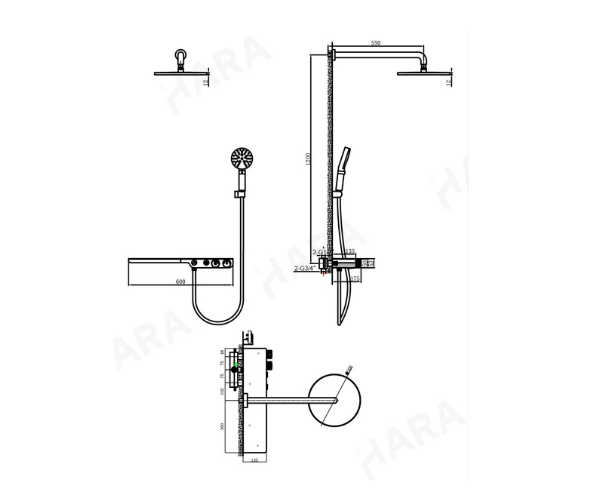 Technical installation dimensions for OMSA HB7645X rain shower system — exposed and concealed installation spec, Sardar & Co Pakistan
