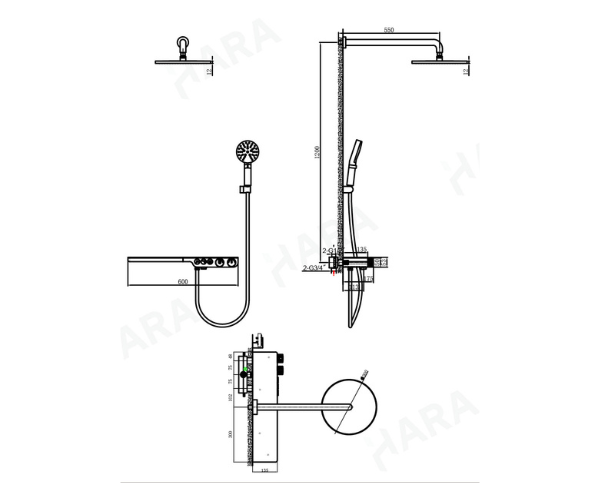 OMSA HB7655X exposed and concealed shower mixer technical dimension diagram