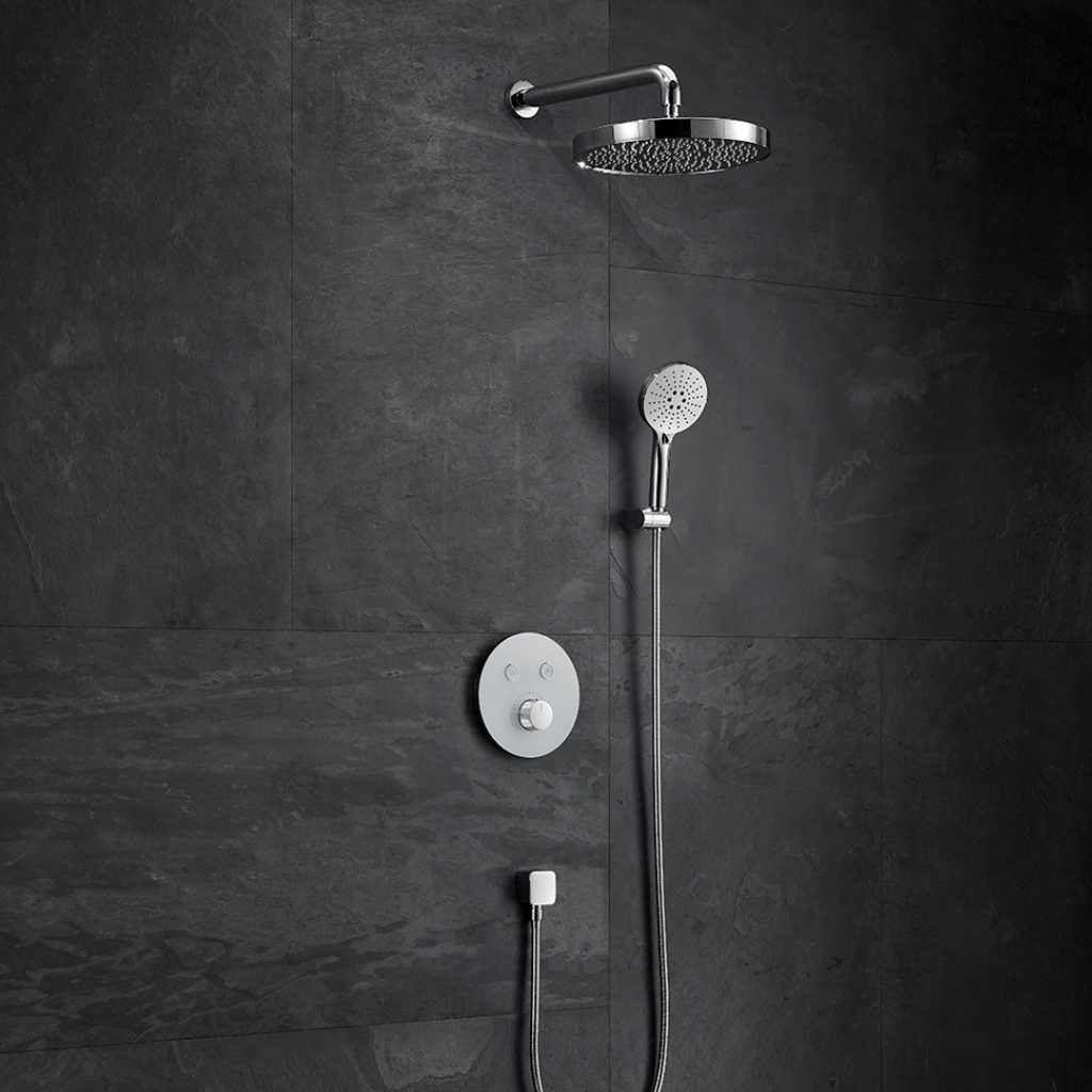 OMSA HL7786X round shower mixer installed in contemporary luxury bathroom Pakistan — concealed thermostatic, Sardar & Co