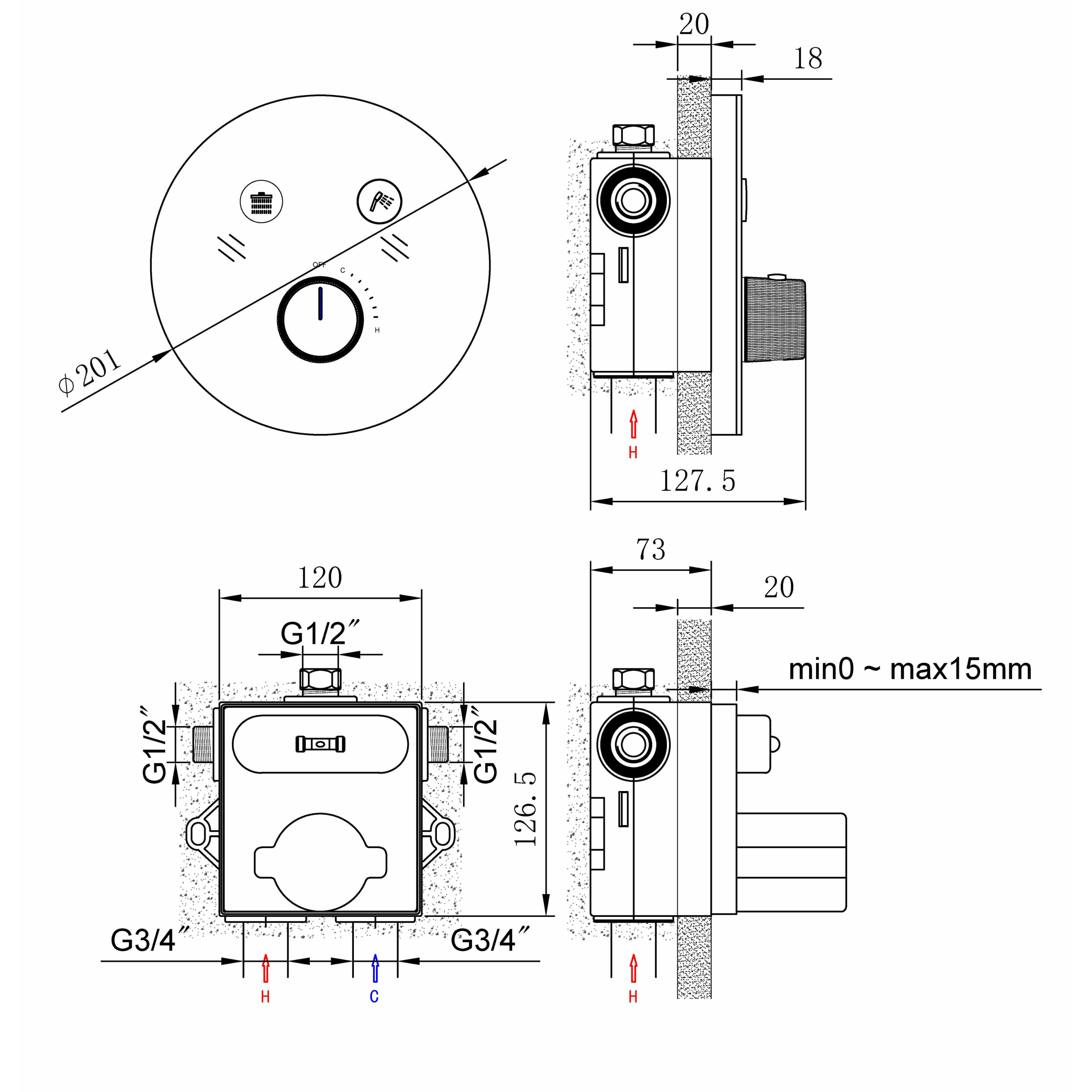 Technical installation dimensions for OMSA HL7786X concealed thermostatic round shower mixer — rough-in depth, circular trim plate, Sardar & Co Pakistan