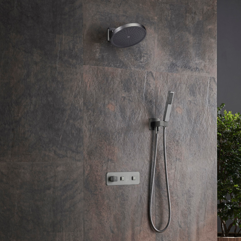 OMSA Rubinetterie HL8456 wall-mounted thermostatic shower — three PVD finishes: Champagne Gold, Gunmetal, Chrome — Sardar & Co Pakistan