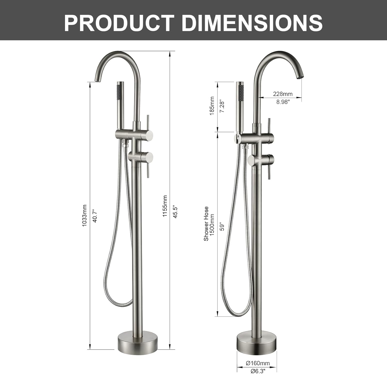 OMSA YD8804 bathtub faucet technical dimensions — floor-standing round column height and base specification, Sardar & Co Pakistan