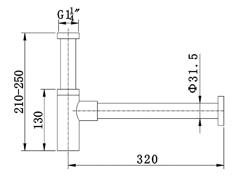 Technical dimensions for OMSA P8705B washbasin trap — connection size, trap height, depth, Sardar & Co Pakistan