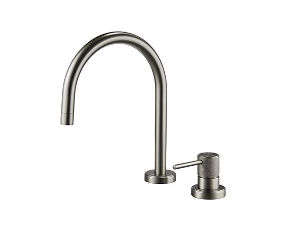 OMSA FL8470 two-hole basin faucet — anti-corrosion PVD gunmetal finish close-up