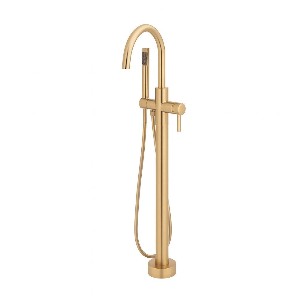 OMSA YD8804 bathtub faucet Brushed Champagne Gold — floor-standing round tub filler with handshower, Sardar & Co Pakistan