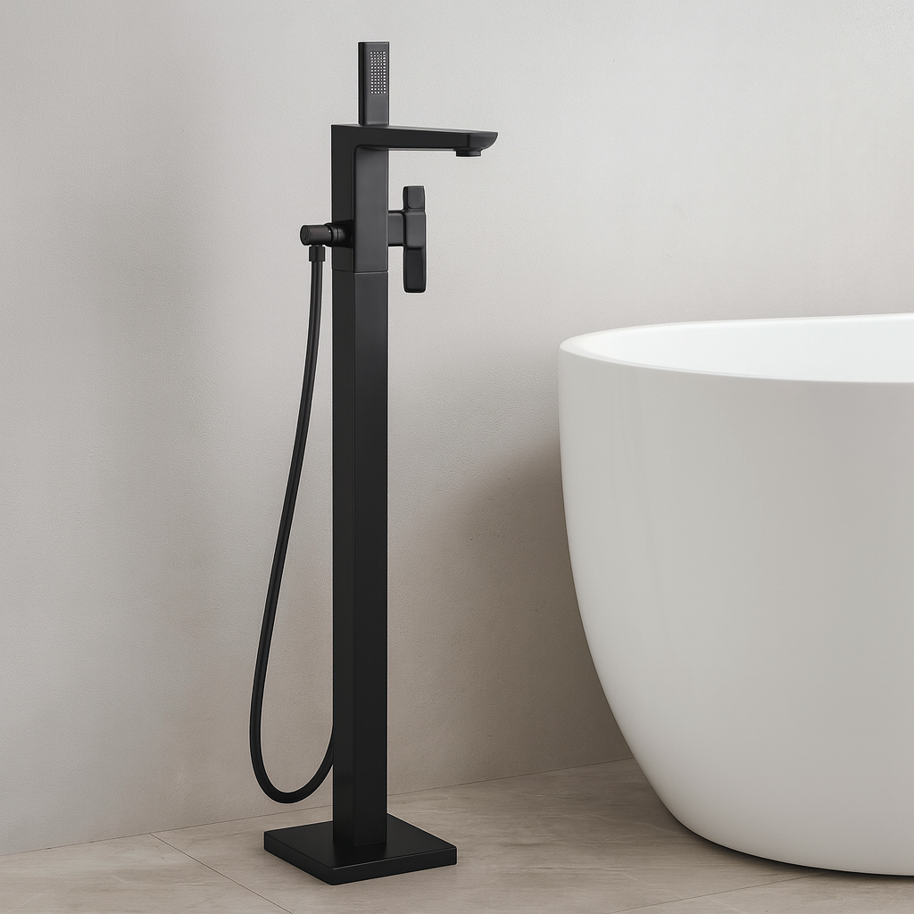 OMSA YD8812 Matte Black square floor mount faucet installed beside freestanding bathtub — article YD8812, luxury bathroom Pakistan, Sardar & Co Rawalpindi