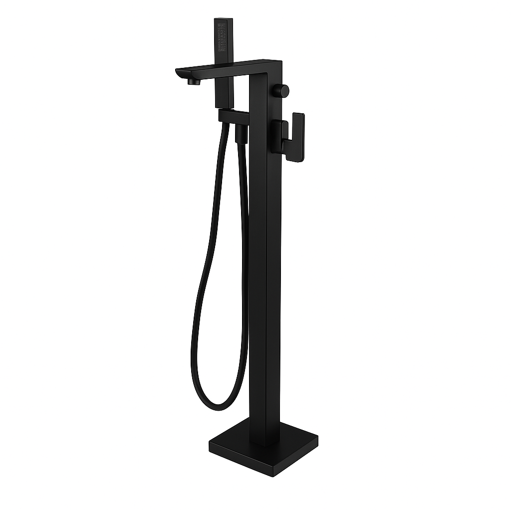 OMSA YD8812 floor mount faucet Matte Black PVD square column — freestanding tub filler with handshower, Sardar & Co Pakistan