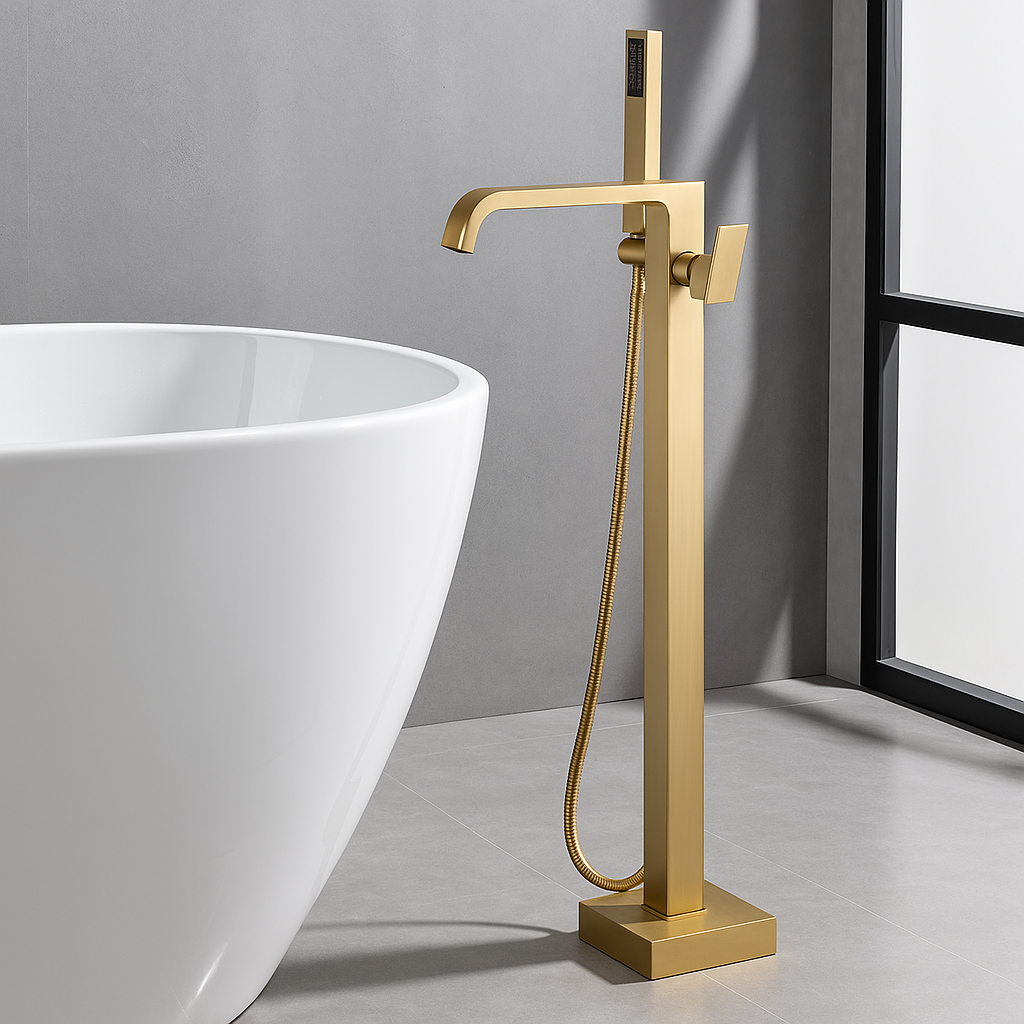 OMSA YD8814 square floor standing bath faucet Brushed Champagne Gold installed beside freestanding bathtub — luxury bathroom Pakistan, Sardar & Co Rawalpindi