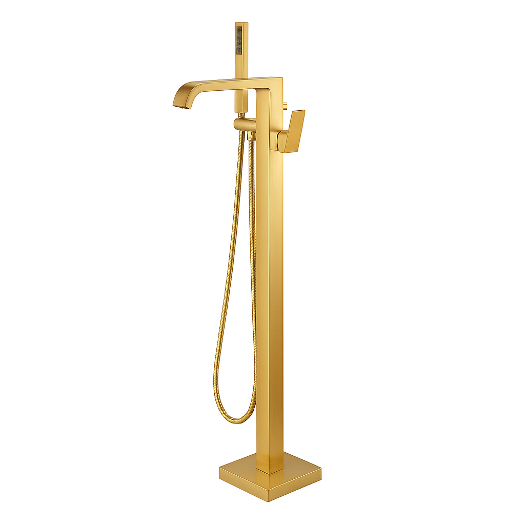 OMSA YD8814 floor standing bath faucet square column Brushed Champagne Gold PVD — freestanding tub filler Pakistan, Sardar & Co
