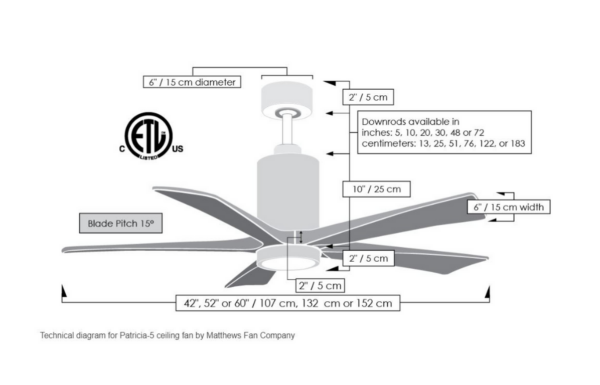 Dimensions of PATRICIA-5 textured bronze ceiling fan available in 42 52 and 60 inch sizes 