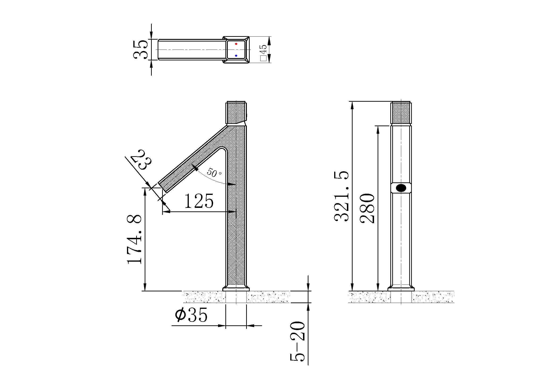 Technical dimensions diagram for OMSA FL8220A best basin faucet Pakistan — spout height, deck clearance, installation specifications, Sardar & Co