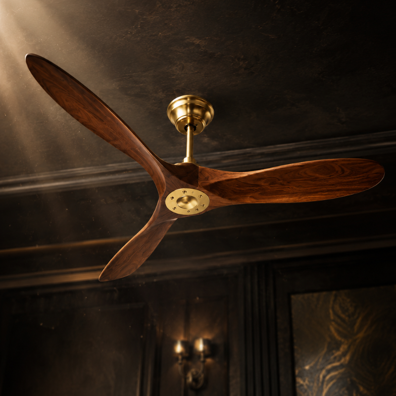 Punkh PS-03 ceiling fan Gold + Walnut installed in premium interior Pakistan — 60 inch warm luxury fan, Sardar & Co Rawalpindi