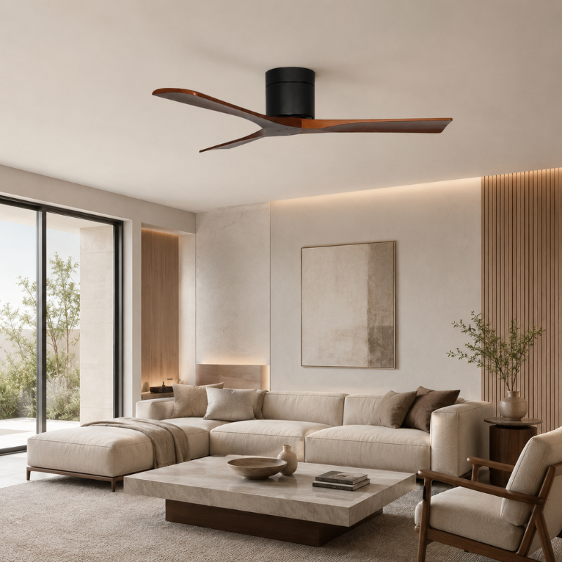 Punkh PS-05 black fan with wood blades Black motor Walnut solid wood  installed view — 60 inch premium fan Pakistan, Punkh Studio Sardar & Co