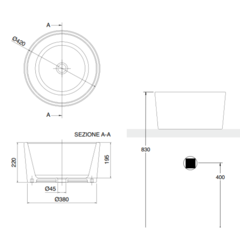 Scarabeo Bucket countertop wash basin dimensions 420mm circular — lay on Pakistan, Sardar & Co
