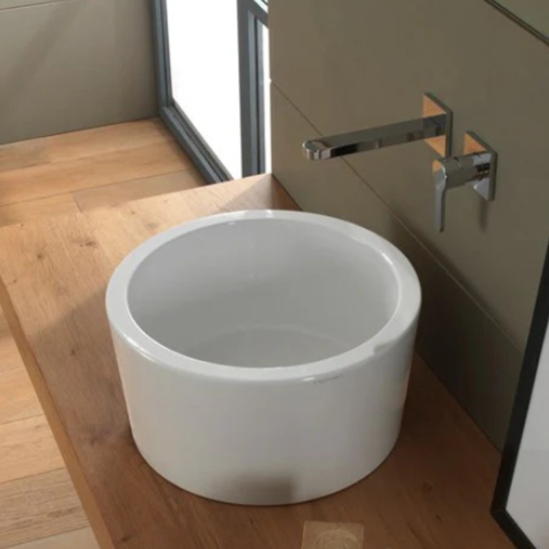 Scarabeo Bucket countertop washbasin installed on vanity Pakistan — 9 colours 42cm, Sardar & Co Rawalpindi