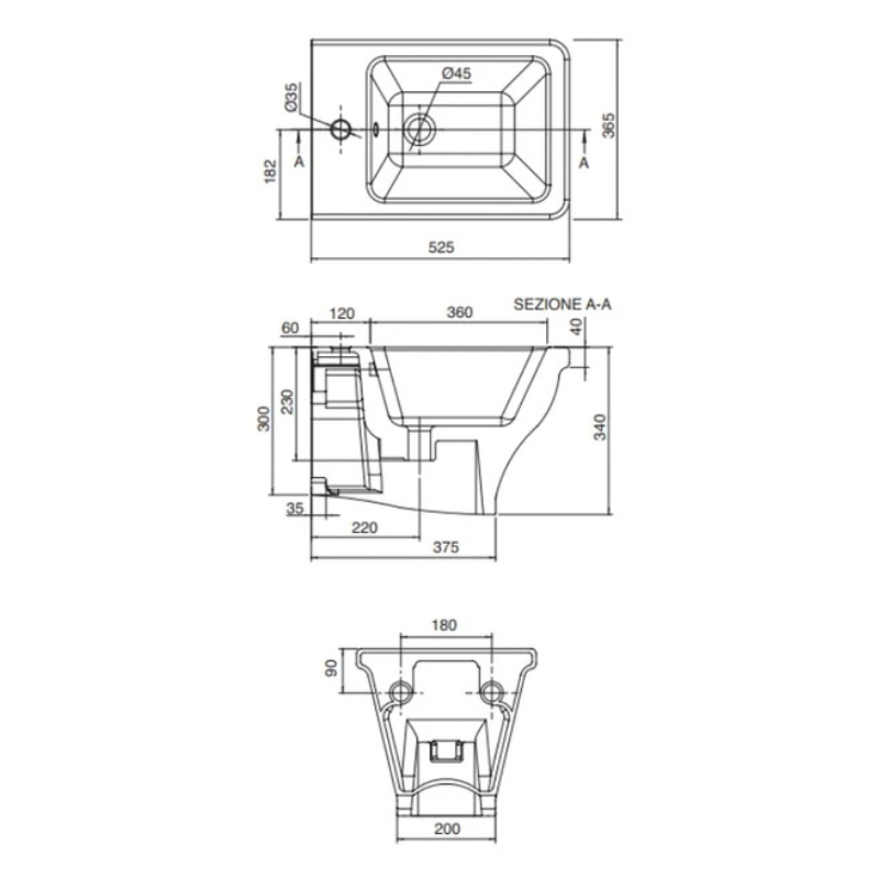 Scarabeo Butterfly wall mount bidet technical dimensions 520x360mm — Pakistan, Sardar & Co