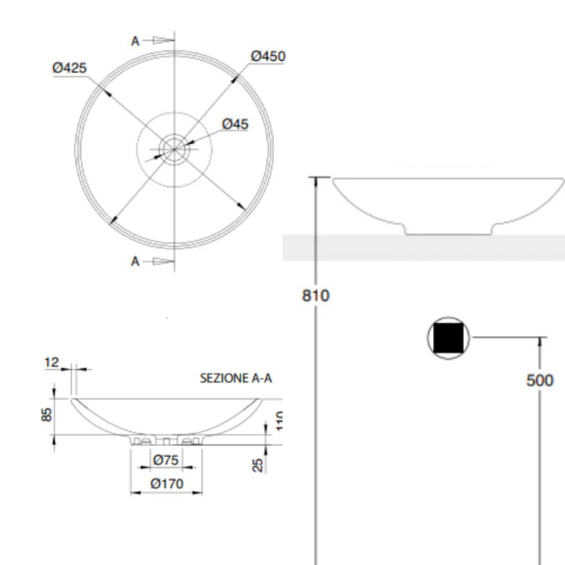 Scarabeo Cup countertop wash basin dimensions Ø450mm x 110mm 4L — circular Pakistan, Sardar & Co