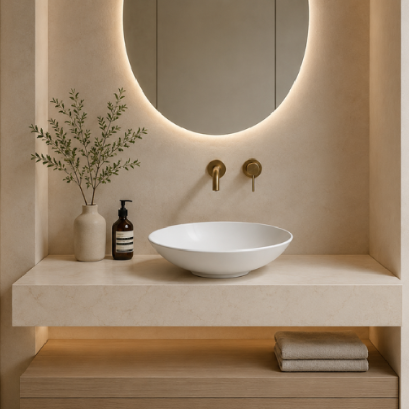 Scarabeo Cup countertop wash basin in Pakistan installed — Ø450mm circular 9 colours, Sardar & Co Rawalpindi