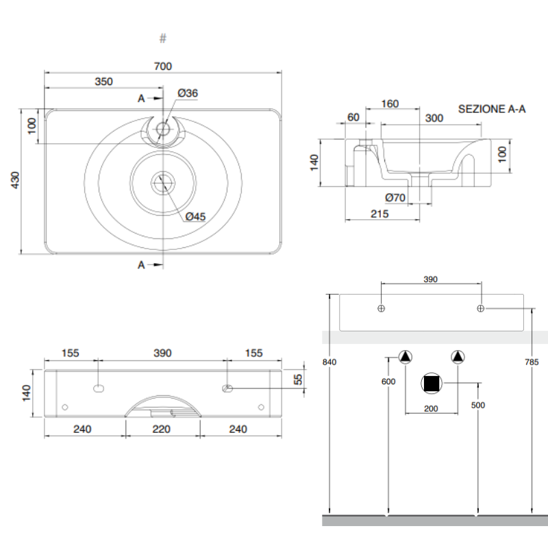 Scarabeo Fuji 70 wall mounted lay-on basin dimensions 710x430mm — Pakistan, Sardar & Co