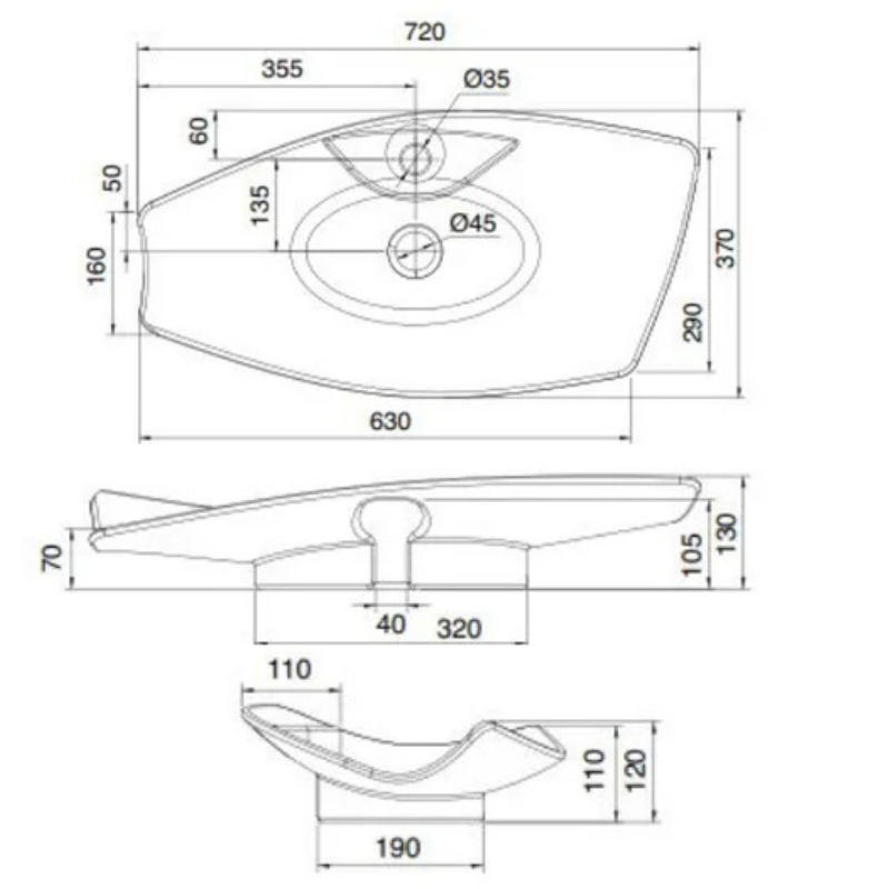 Scarabeo Kong 70R luxury wash basin dimensions 720x370mm — CE certified Pakistan, Sardar & Co