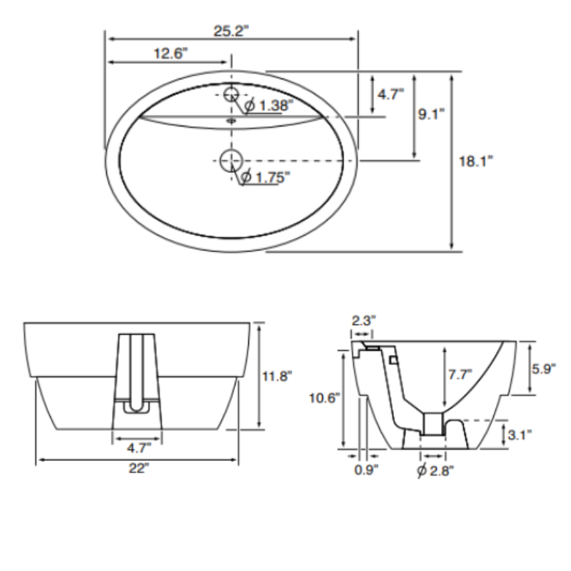 Scarabeo Matty Oval built in washbasin Technical drawing