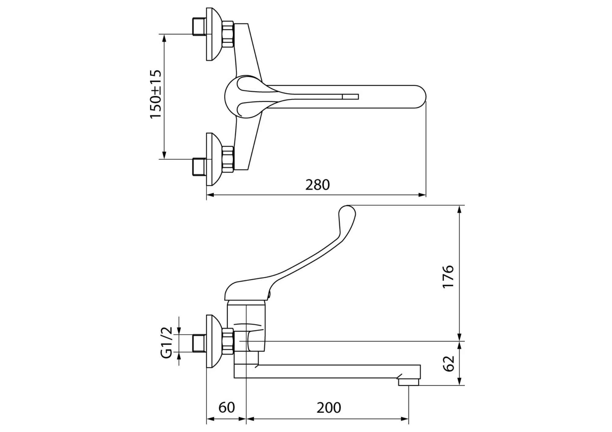 Technical drawing of a faucet with dimensions labeled