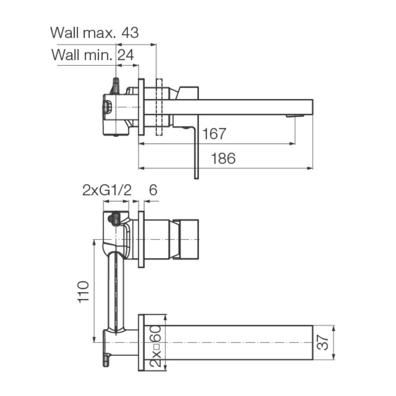 Technical dimensions for Valvex ARS concealed basin mixer with spout, Sardar & Co Pakistan