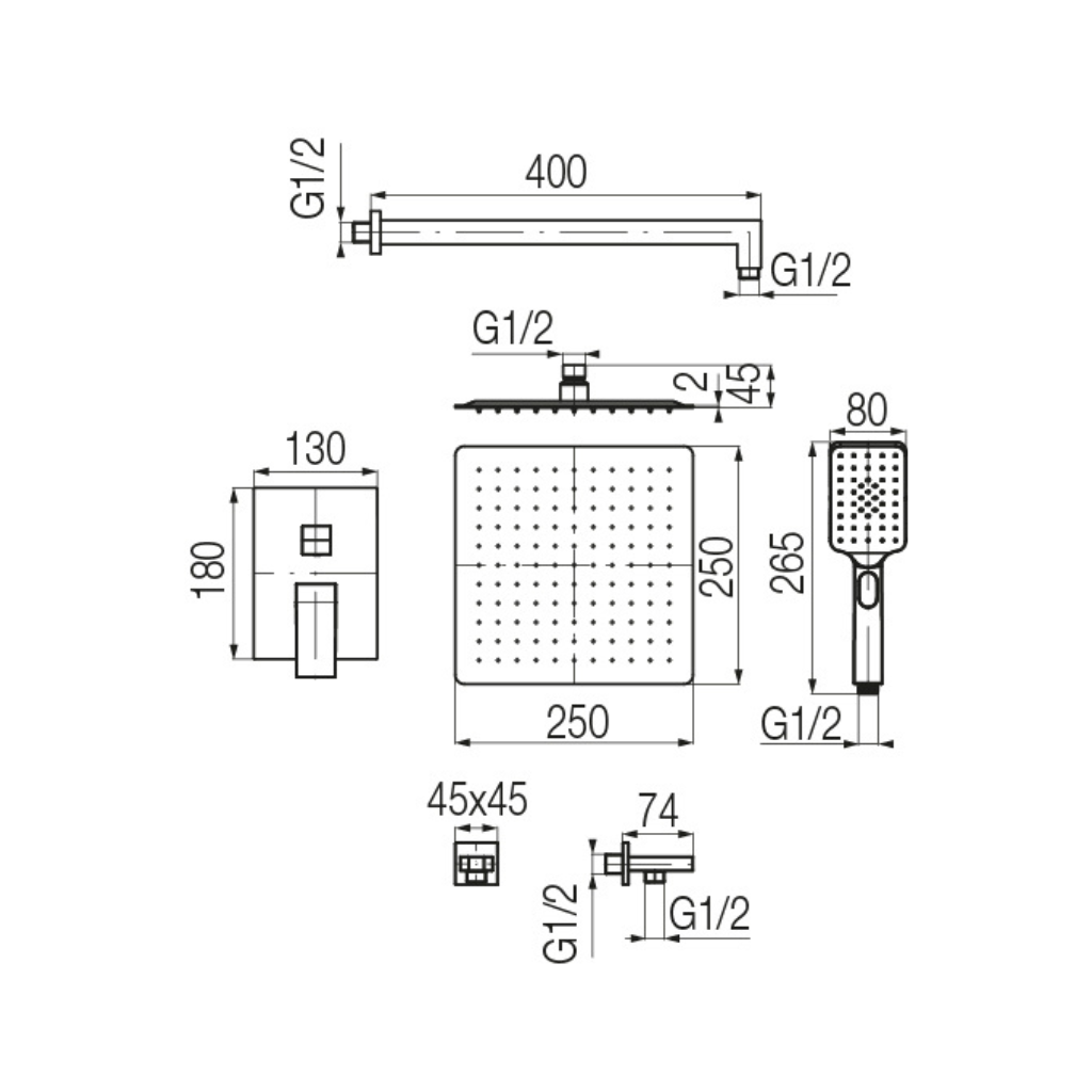 Technical dimensions for Valvex ARS concealed shower set, Sardar & Co Pakistan