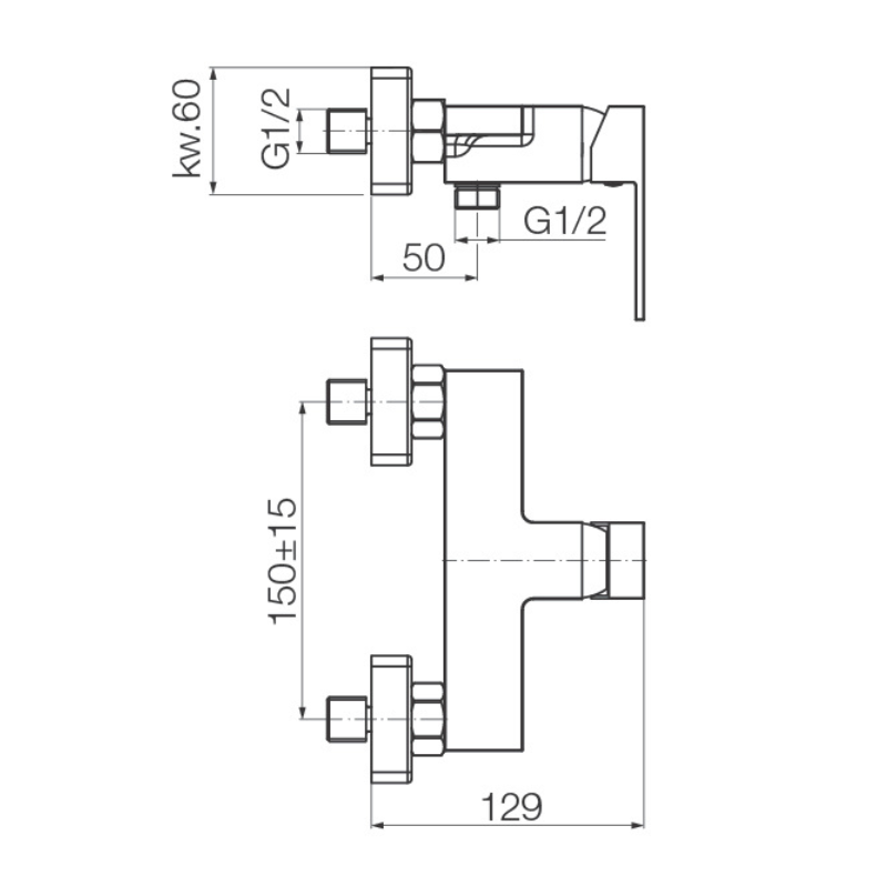 Technical drawing of a plumbing valve with dimensions on a white background