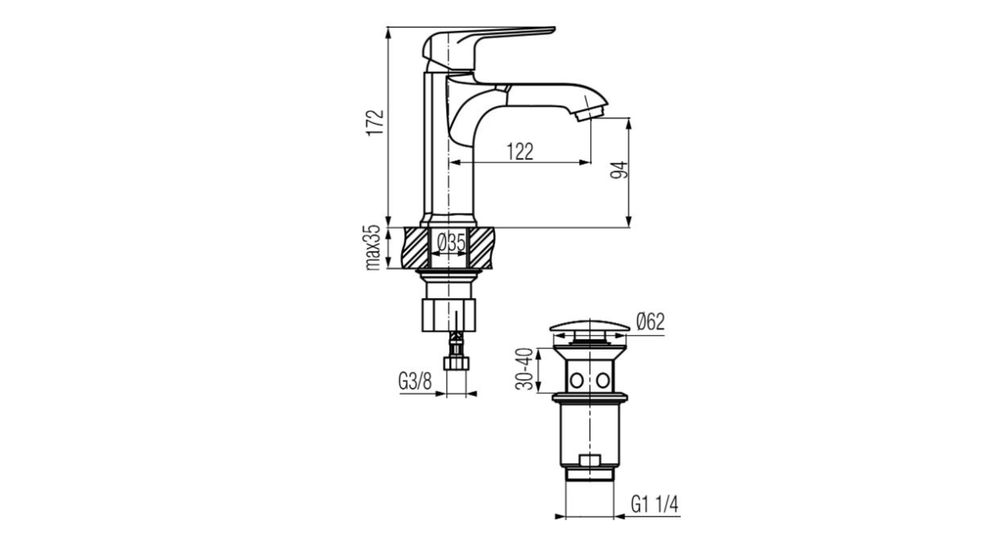 Technical dimensions for Valvex Aurora basin mixer with pop-up drain, Sardar & Co Pakistan