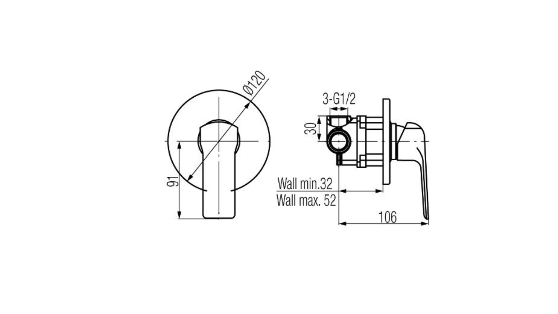 Technical dimensions for Valvex Aurora concealed shower mixer, Sardar & Co Pakistan