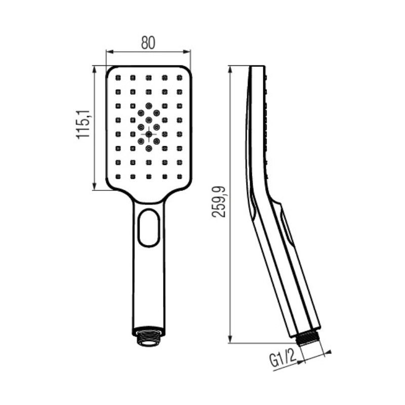 Technical dimensions for Valvex DALI 3-function shower head — length, width, hand grip diameter, Sardar & Co Pakistan