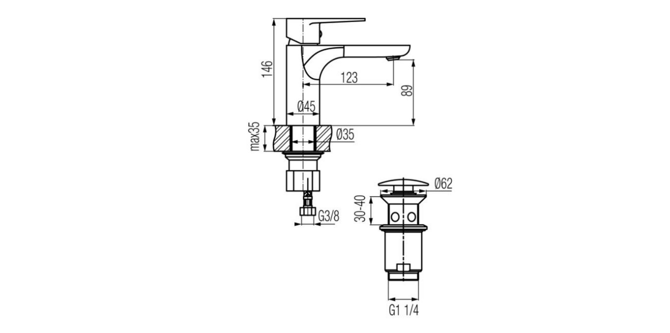 Technical dimensions for Valvex DALI basin mixer — mixer height, spout reach, hole diameter, Sardar & Co Pakistan