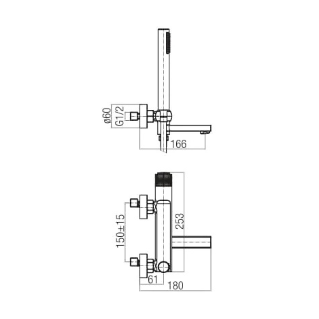 Technical dimensions for Valvex DECOR wall mounted bath mixer, Sardar & Co Pakistan