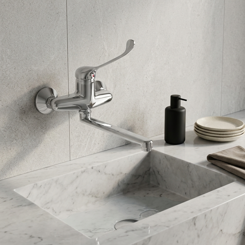 Valvex elbow-operated wall tap installed on basin — hospital and institutional grade fitting, Sardar & Co Rawalpindi