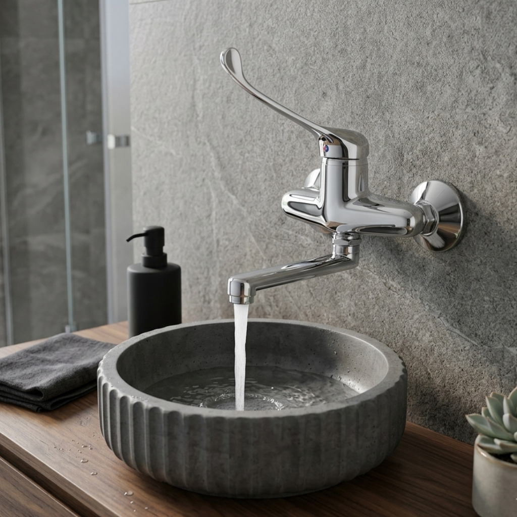 Valvex elbow-operated short-spout wall tap installed on basin — hospital and institutional grade fitting, Sardar & Co Rawalpindi