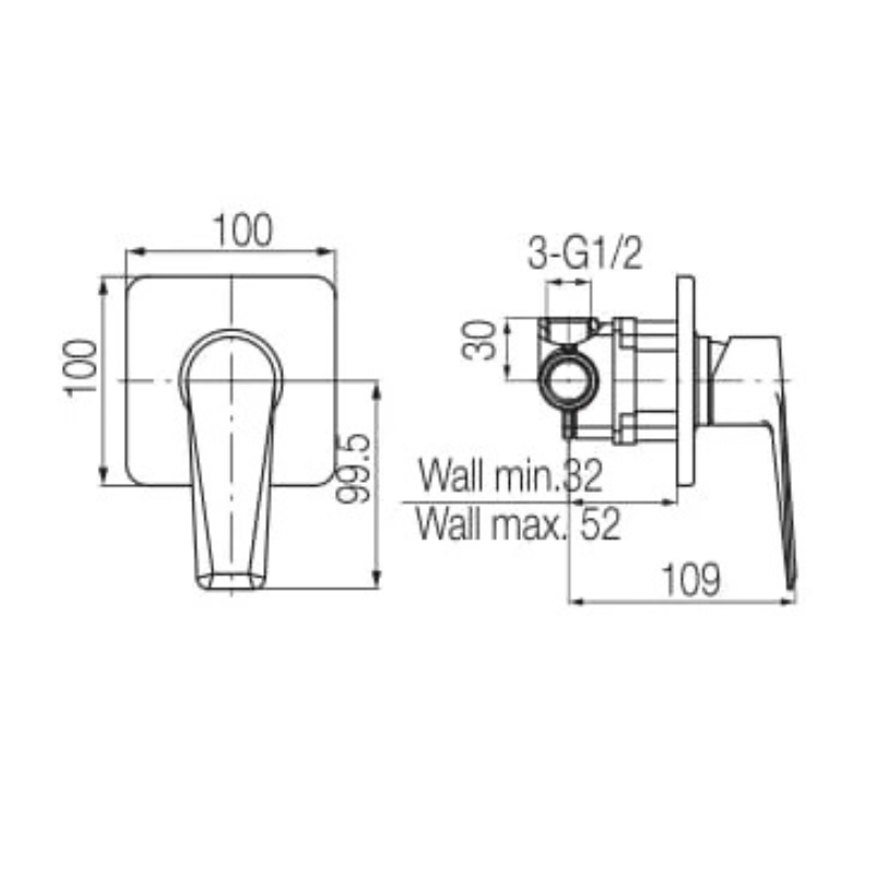 valvex esto concealed shower faucet Technical drawing of a plumbing fixture with dimensions