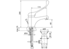 Technical drawing of a faucet with dimensions labeled